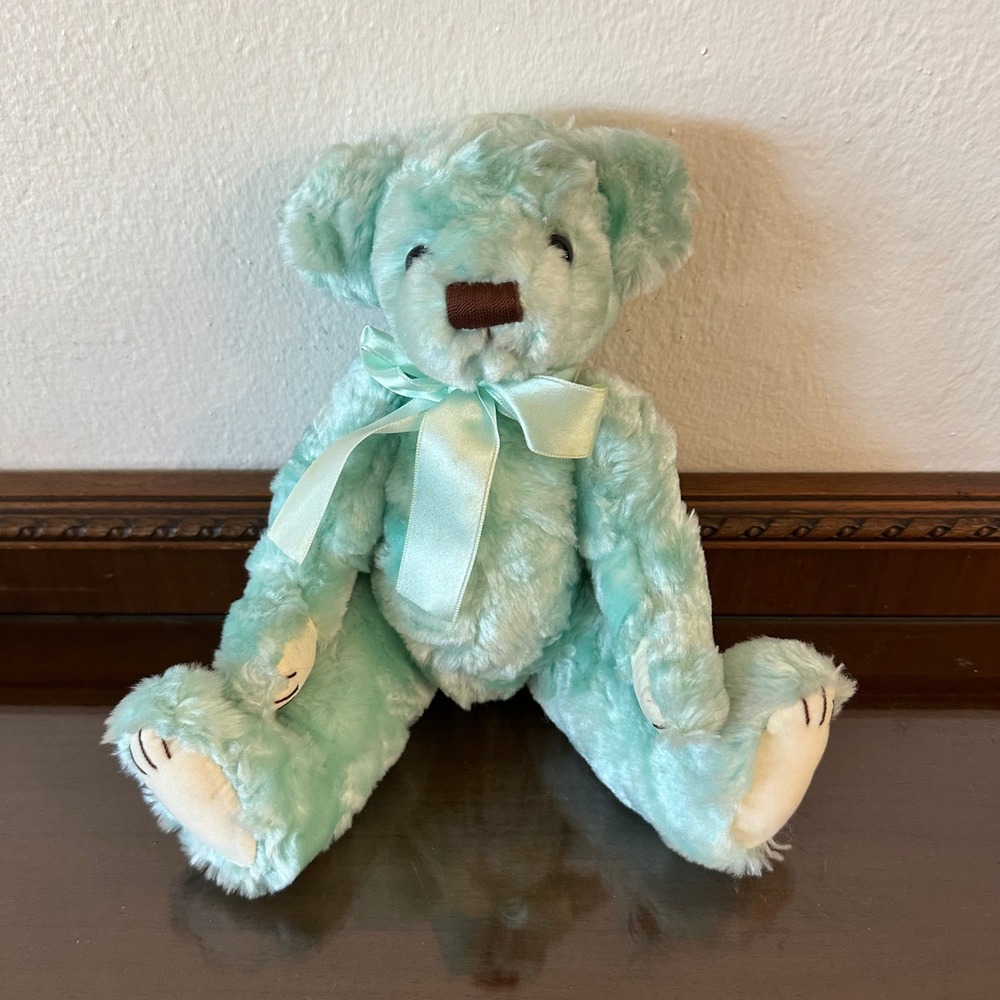 Kids of America Corp Mint Green Teddy Bear Plush Satin Ribbon 12 Inch Seafoam